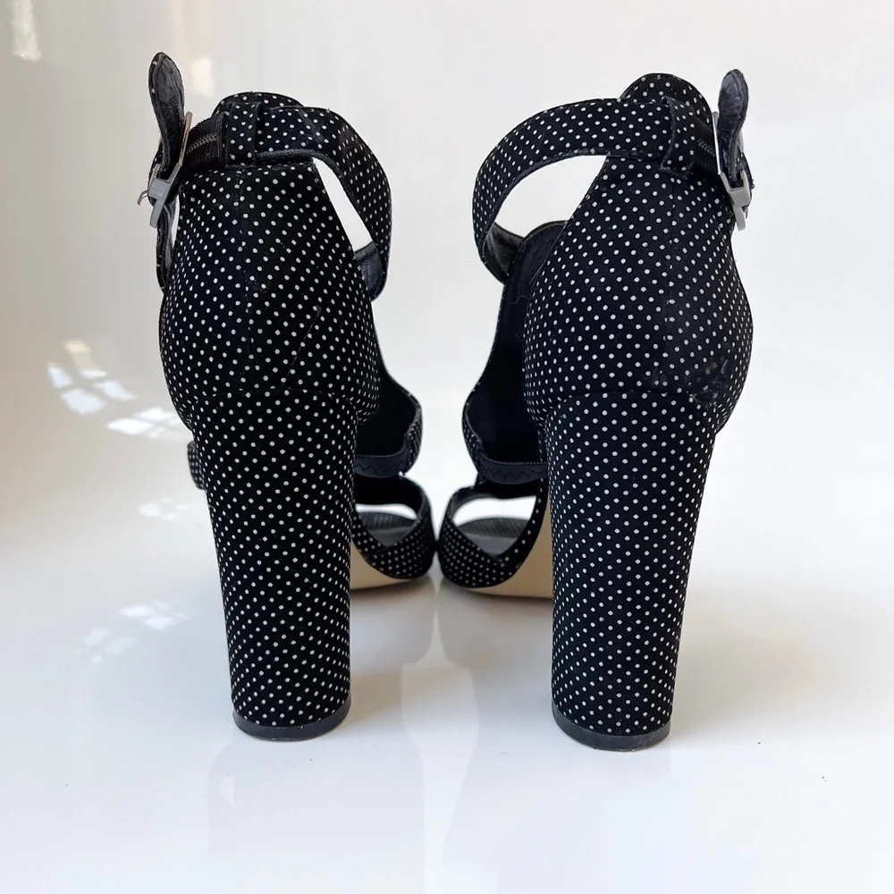 Baldi London Polka Dot Cage Sandal High Block Heel Open Toe Black White 8.5